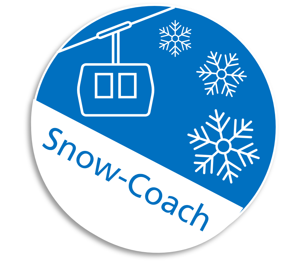 circular logo of snow coach with image of gondola and snowflakes