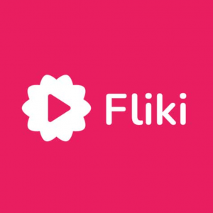 This is an image of the Fliki.AI logo. It has a vibrant pink background and white writing with the logo of a cloud-like shape with a play button in the centre of it.