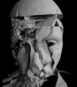 Greyscale image of a sculptural fractured face meant to illustrate transition from human to cyborg