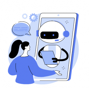 graphic of woman talking to robot on a mobile device