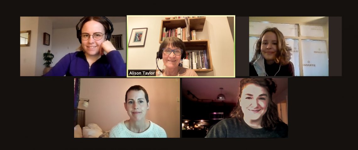 Top row: Alex de Boer (our wonderful audio editor), Alison Taylor, Julia Hunter. Bottom row: Kerry Greer, Nina Bennett.