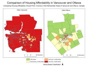 A comparison of Housing Affordability in Vancouver and Ottawa using a common legend