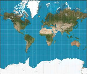 Preserves angles to help in navigation but dramatically distorts area. For example, on the map Greenland looks the same size as Africa but in reality is about 13.7 times larger than Greenland. This is because Africa is much closer to the equator where the Mercator projection is better as preserving area than Greenland whose area is dramatically exaggerated. 