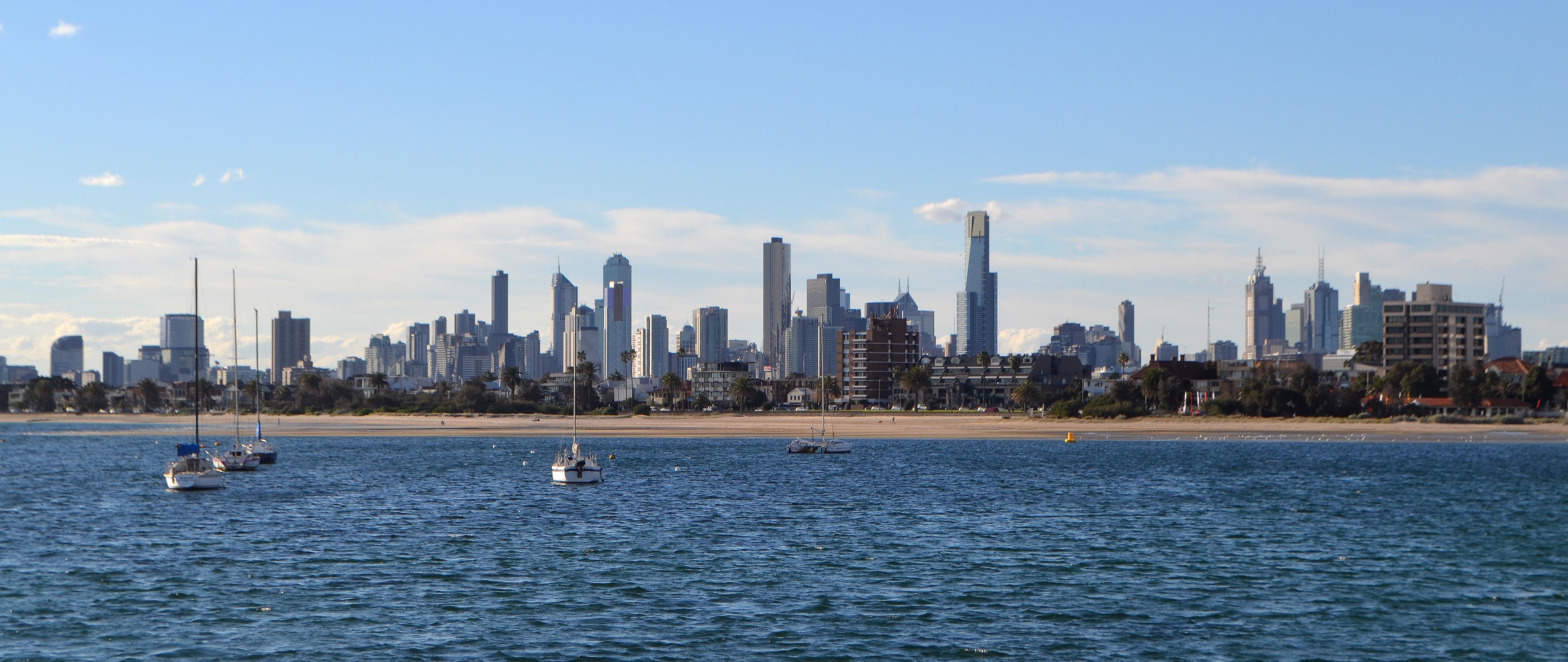 The view of the Melbourne skyline from St. Kilda is beautiful.