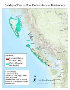 A map showing areas with five or more marine species dwelling