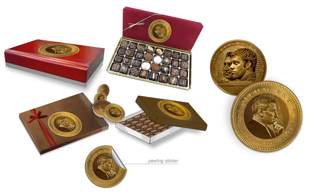 Chocolate coin peeling sticker design - superimposing a face onto a gold coin
