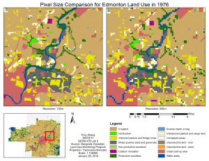 A select portion of 1976 Edmonton Land Use map with raster resolutions of 100m and 250m.