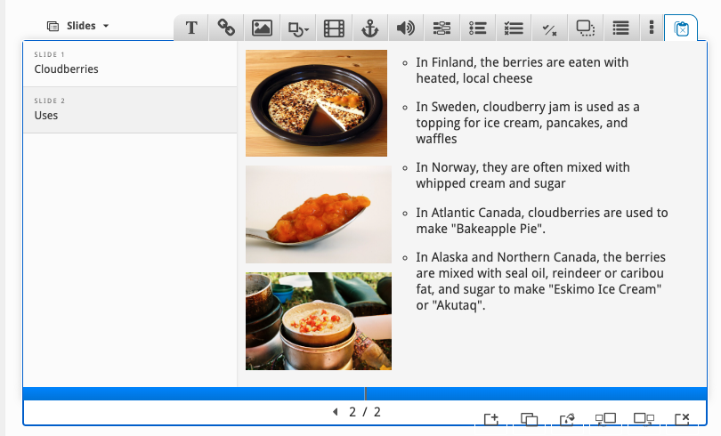 Slide 2 with images of finnish cheese with cloudberry jam, spoon of cloudberry jam and oatmeal with cloudberries and corresponding text