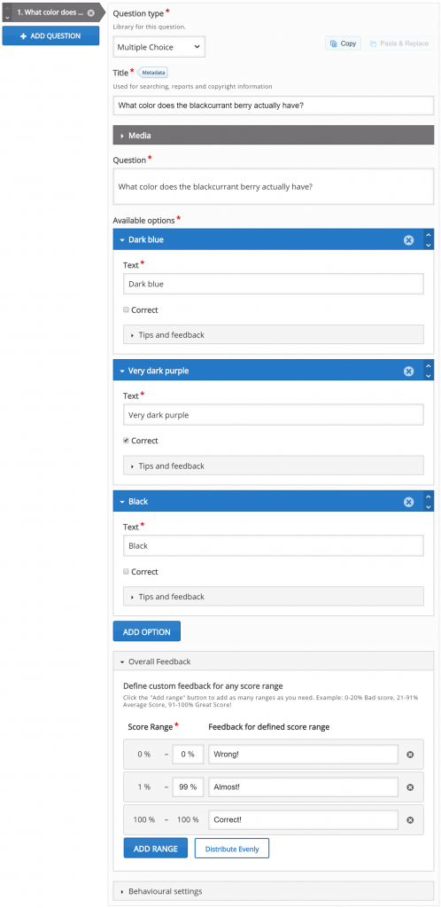 Multiple Choice question editor populated with question and answer options