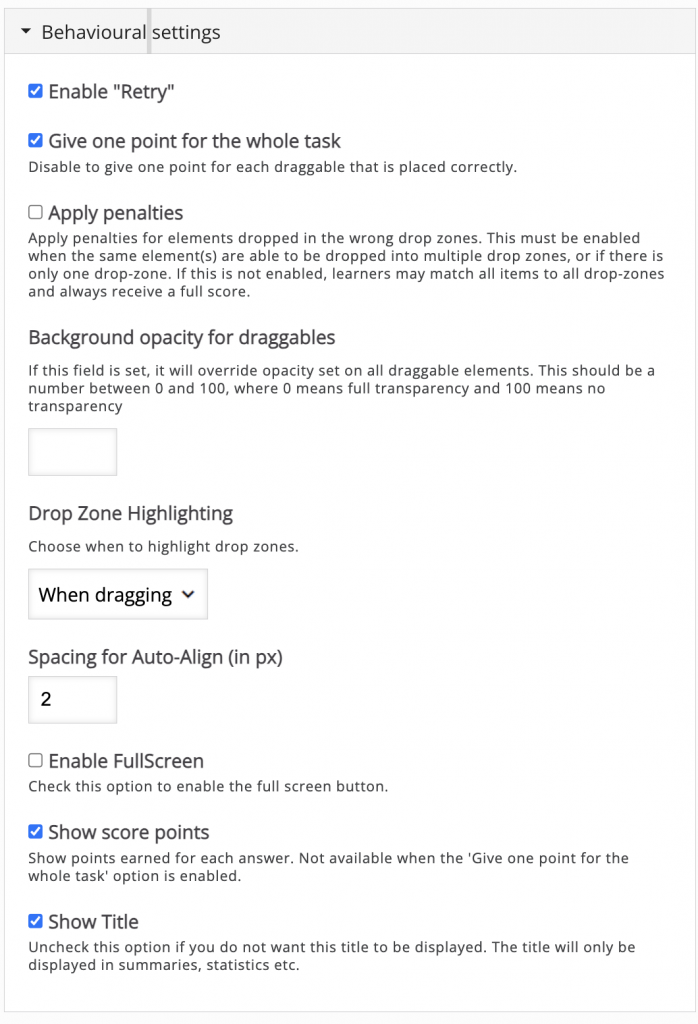 Drag and drop behavioural settings