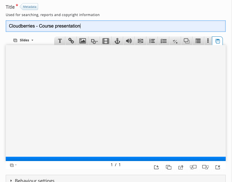 Enter Cloudberries - Course Presentation in the Title field. The Course Presentation editor appears below.