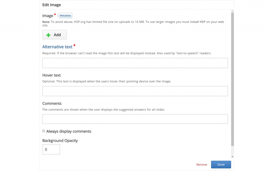 Image upload dialog box. The dialog box includes fields to add the image, metadata, alternative text, hover text, comments and a setting for background opacity.