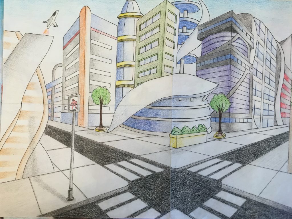 Two-Point Perspective Futuristic City Drawing – Jennifer Chen