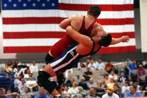 Two Wrestlers Locked in an Intense Match