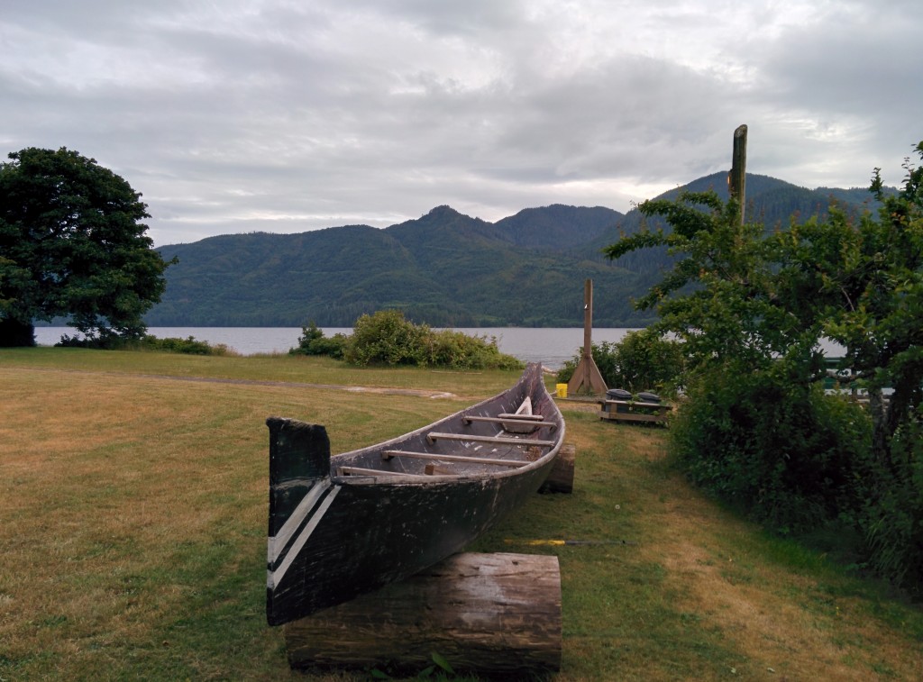 A canoe beside the soccer field