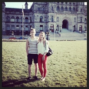 My brother and I in front of the parliament buildings in Victoria, BC. Myself looking very patriotic in red pants and white top (not planned)