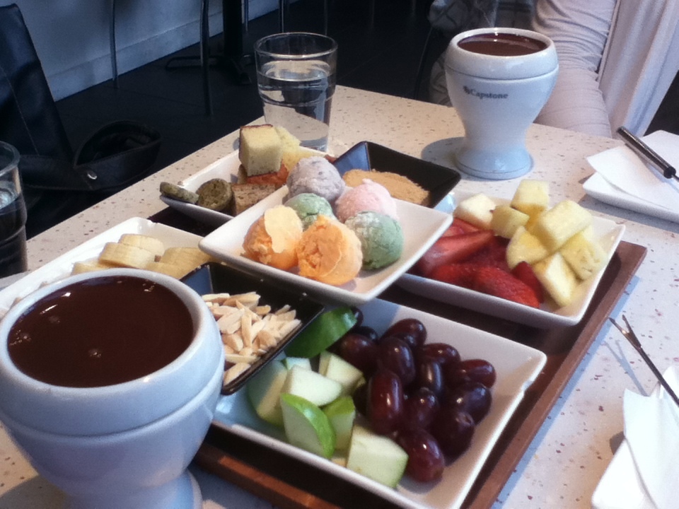 Chocolate fondue, ice cream, fruits and pastries