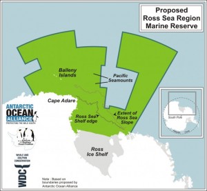 The current proposed Ross Sea Marine Protected Area (MPA).  As fisheries worldwide are declining, productive and diverse areas such as the Ross Sea are becoming increasingly attractive due to their abundance of marine resources, including Antarctic toothfish.  For this reason, the Ross Sea makes an excellent candidate for a marine protected area under CCAMLR.  Adapted from: www.mfat.govt.nz and www.niwa.co.nz