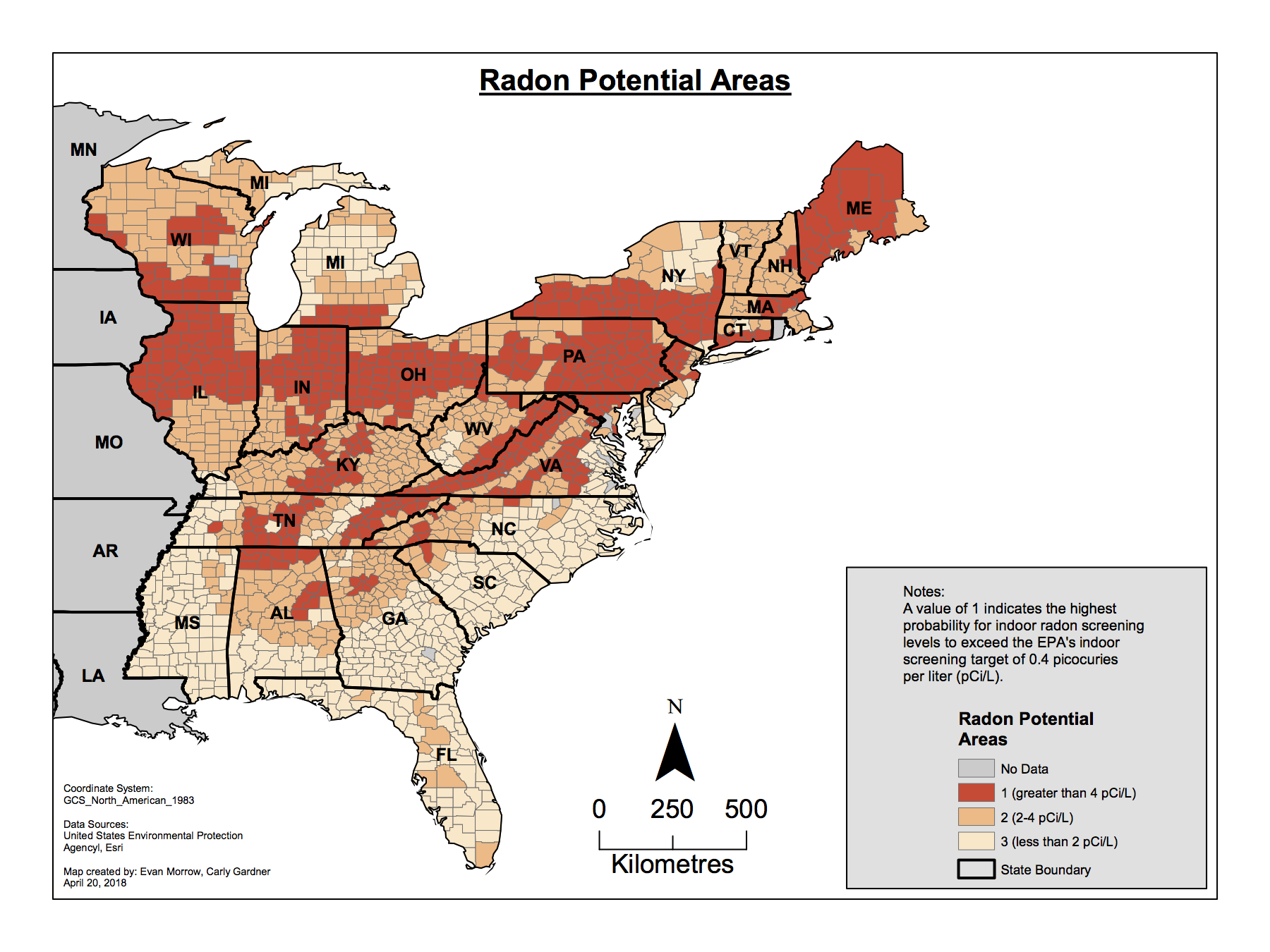 Radon Potential Areas Lung Cancer Mortality In The Eastern United States Map9 Radon Potential Areas