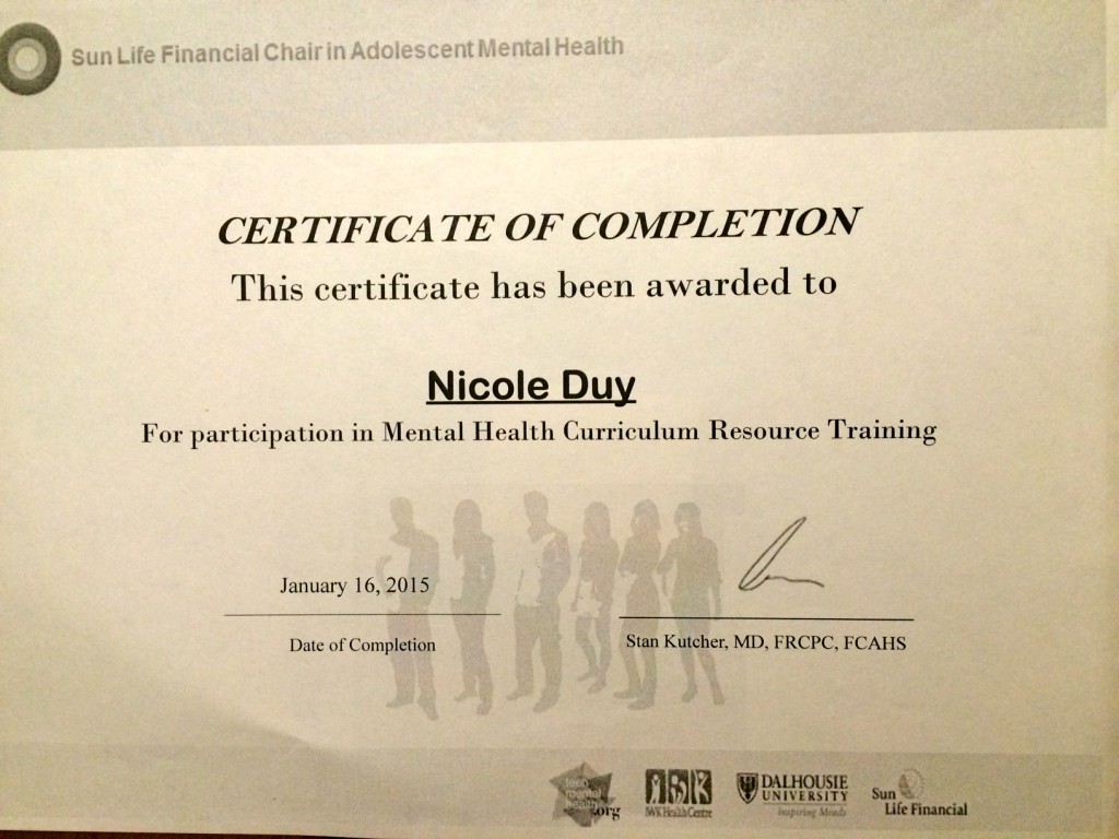 Certificate of completion for Mental Health Curriculum Resource Training.