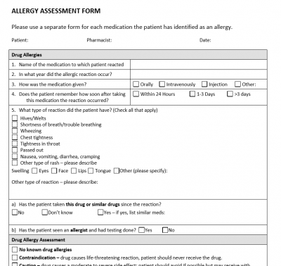 Allergy Assessment Form – OEE Student Toolbox For Practicums