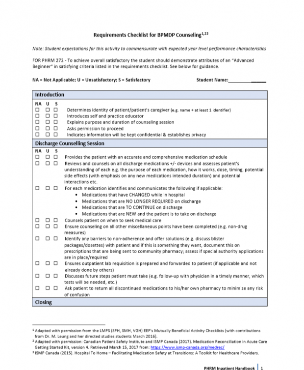 BPMDP Counseling Checklist – OEE Student Toolbox For Practicums