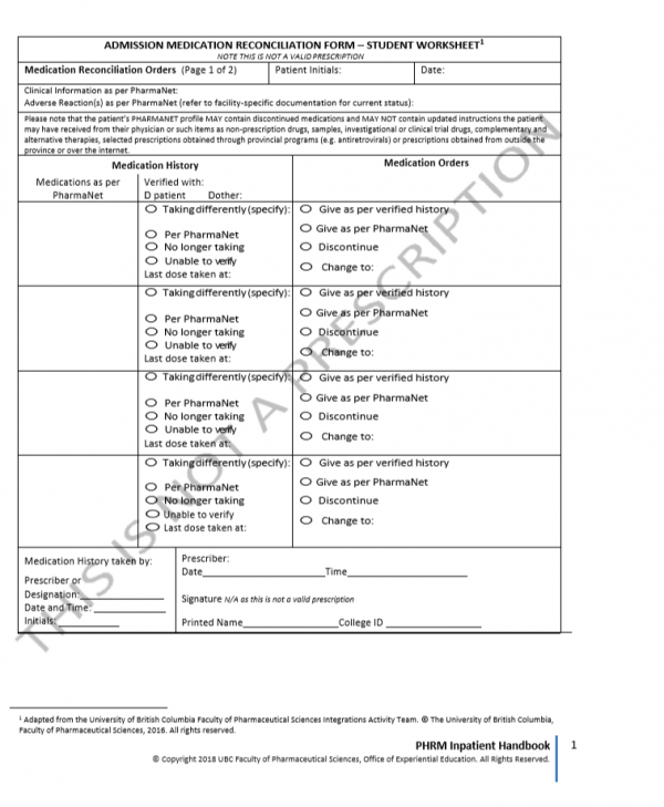 Medication Reconciliation Worksheets (Admission) – OEE Student Toolbox ...