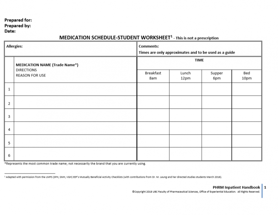 Medication Schedule Worksheet OEE Student Toolbox For Practicums