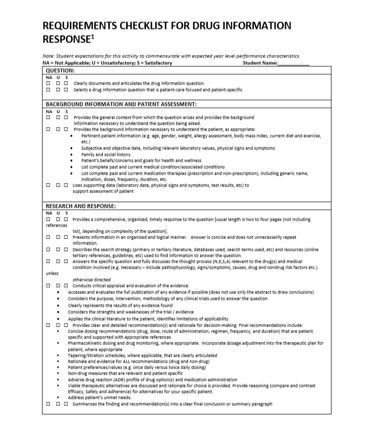 Drug Information Response Requirements Checklist – OEE Student Toolbox ...