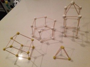 Practice building various 3-D solids using toothpicks and marshmellows