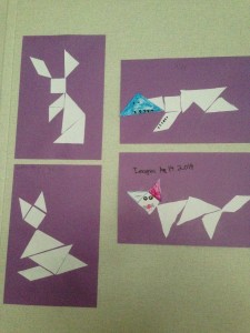 Students create their own animals using tangram pieces.
