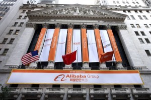 Alibaba banners hang outside the New York Stock Exchange on Friday