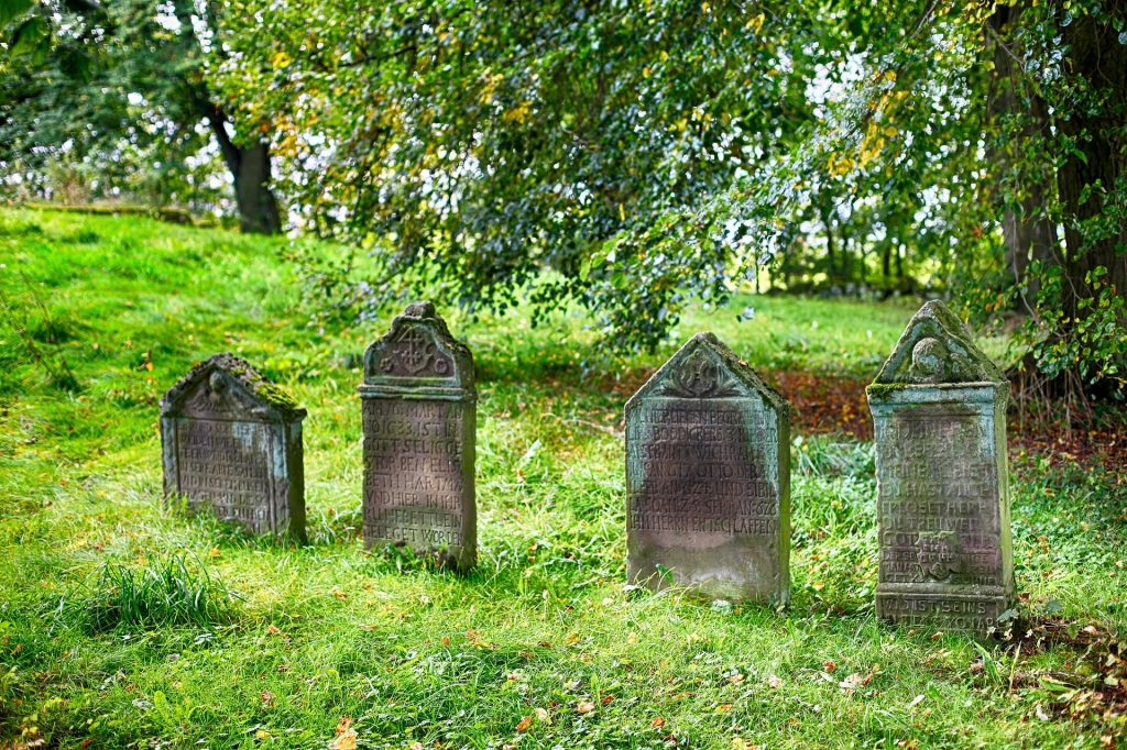 four old gravestones in a grassy area with a tree over them