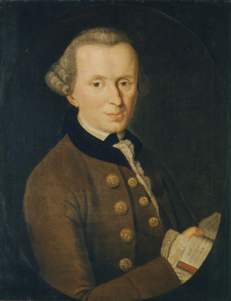 Painting of head and top torso of Immanuel Kant, holding a book