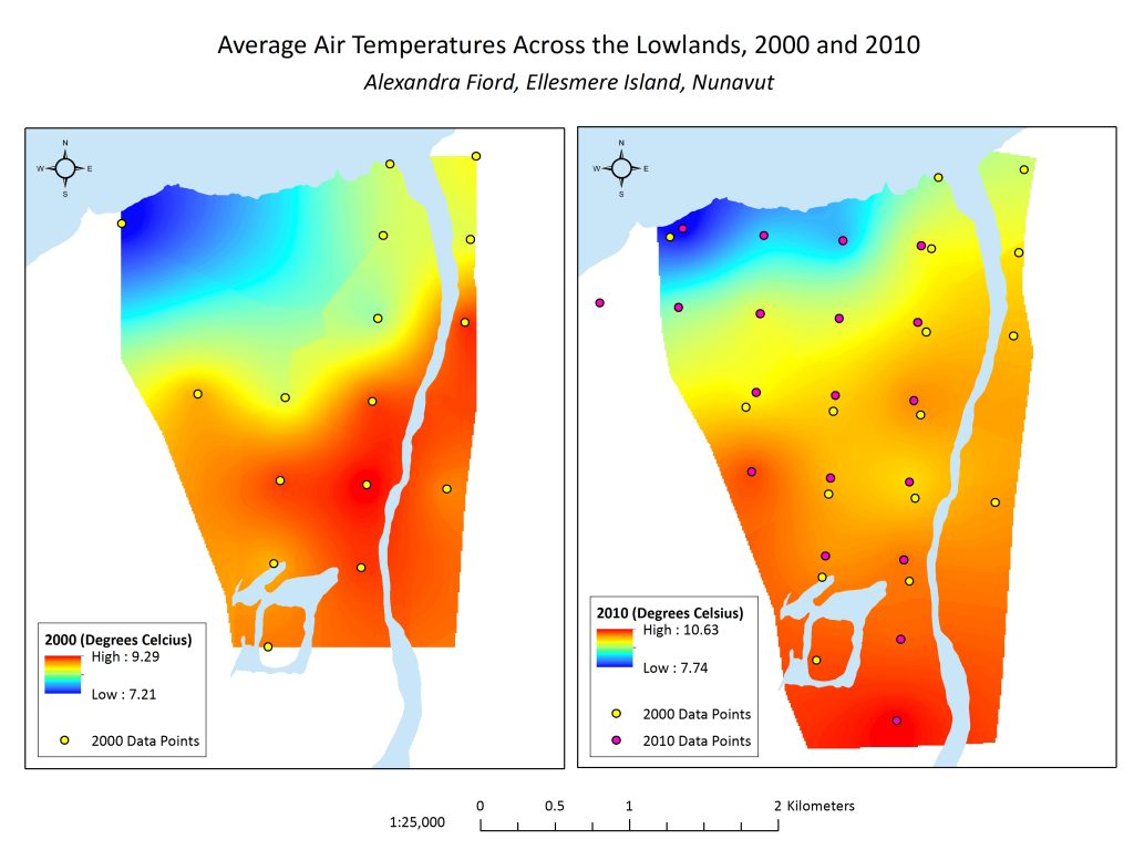 Figure 2.2 Maps showing the interpolated temperature in 2000 and 2010, respectively, with underlying data points. Note that temperature scales are different.