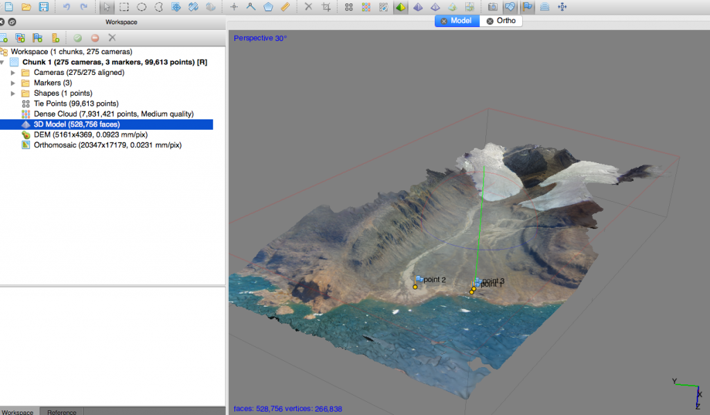 Figure 1.3 A screen capture of the PhotoScanPro workspace, displaying the 3D model created from our dense point cloud.