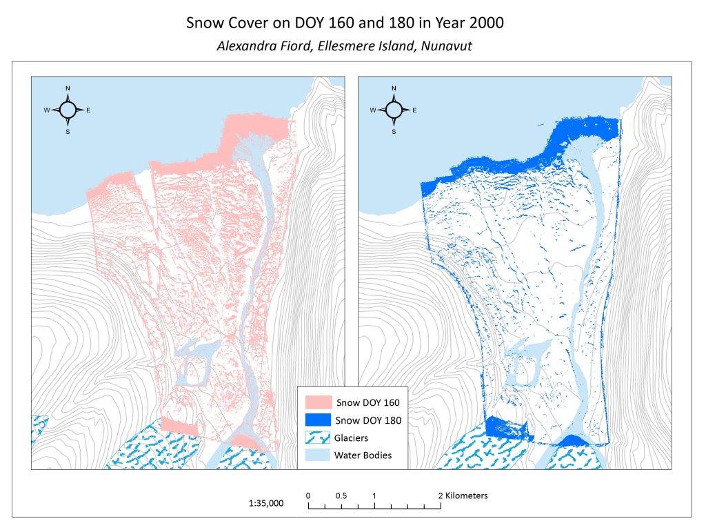 Figure 2. Snow Cover across the Alexandra Fiord lowland on day of year (DOY) 160 and 180