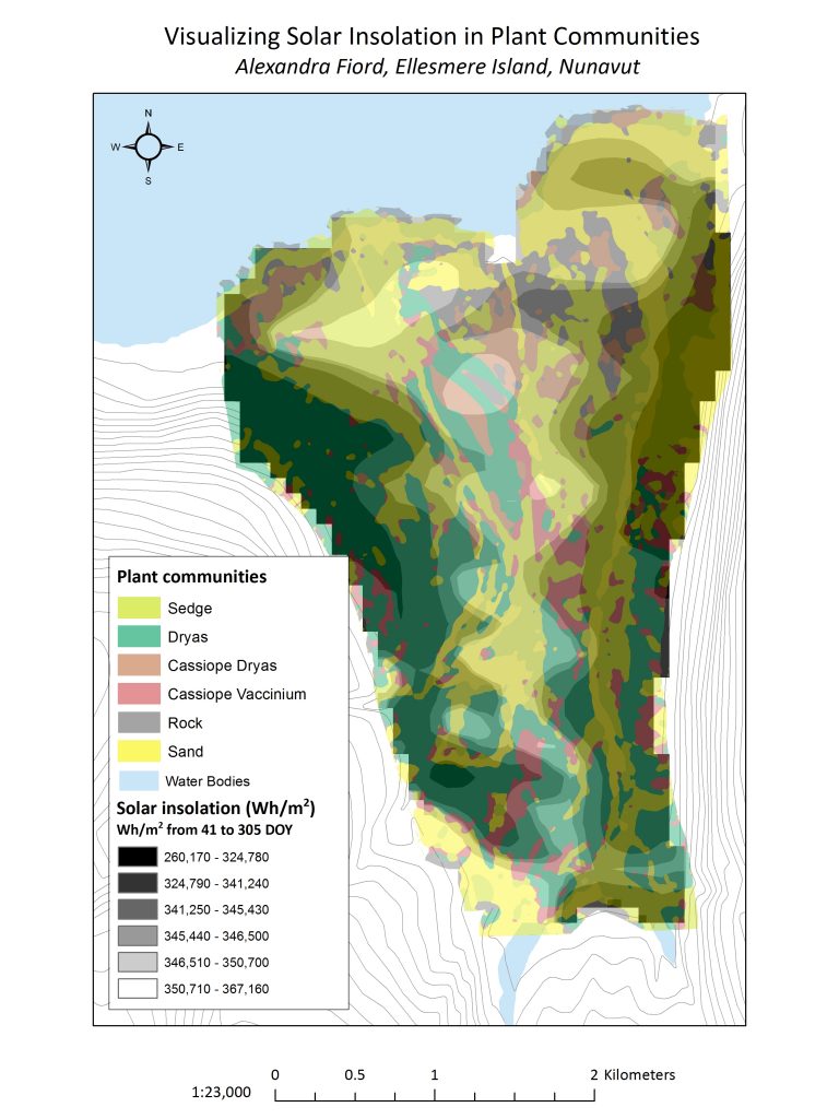 Figure 3. Solar insolation overlaid on top of plant communities at Alexandra Fiord.