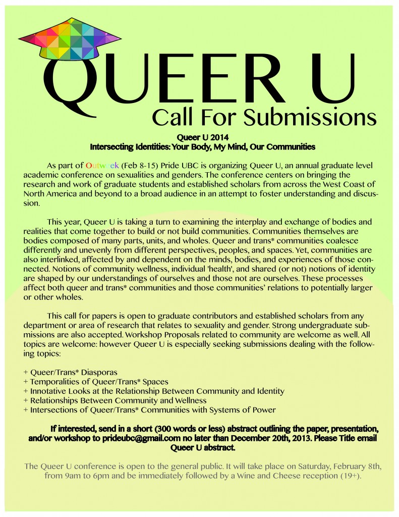 Queer U 2014 Call for Submissions: email to prideubc@gmail.com
