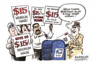 Employees wanting the minimum wage to increase to $15/hour, but after taxes, the wage still barely matches the cost of living. Photo: Columbia University