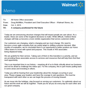 An email sent to the employees of Wal-Mart by the CEO regarding the layoff. Photo: fortune