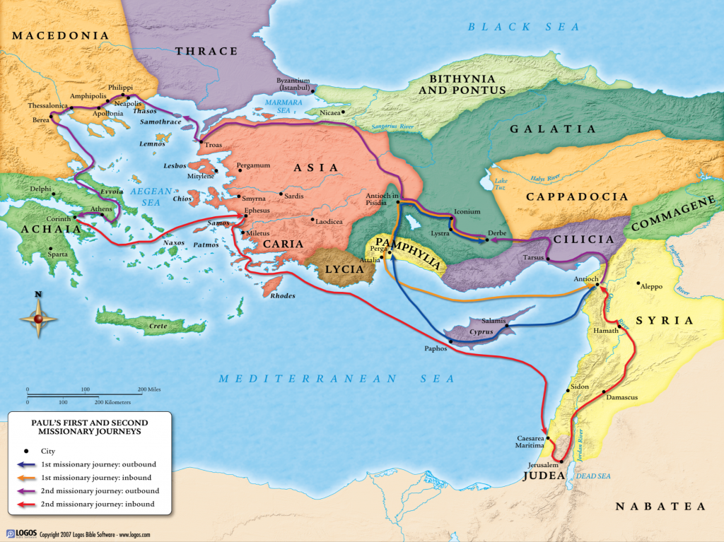 A colorful map illustrating Paul's first and second missionary journeys across the eastern Mediterranean region. It highlights key cities and routes taken, with different colors representing outbound and inbound paths for each journey. The map includes regions such as Judea, Syria, Asia, Macedonia, and Achaia. A compass rose and a legend provide additional context.