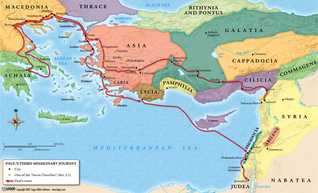 A colorful map depicting Paul's third missionary journey across the eastern Mediterranean. It highlights key cities, including the "Seven Churches" from Revelation, and traces Paul's route with red lines. The map covers regions such as Judea, Syria, Asia, Macedonia, and Achaia, with a compass rose and legend for reference.