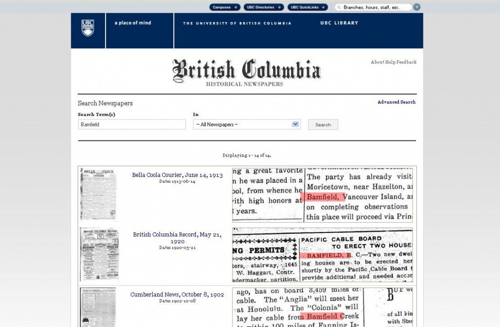 Searching BC Historical Newspapers for Bamfield