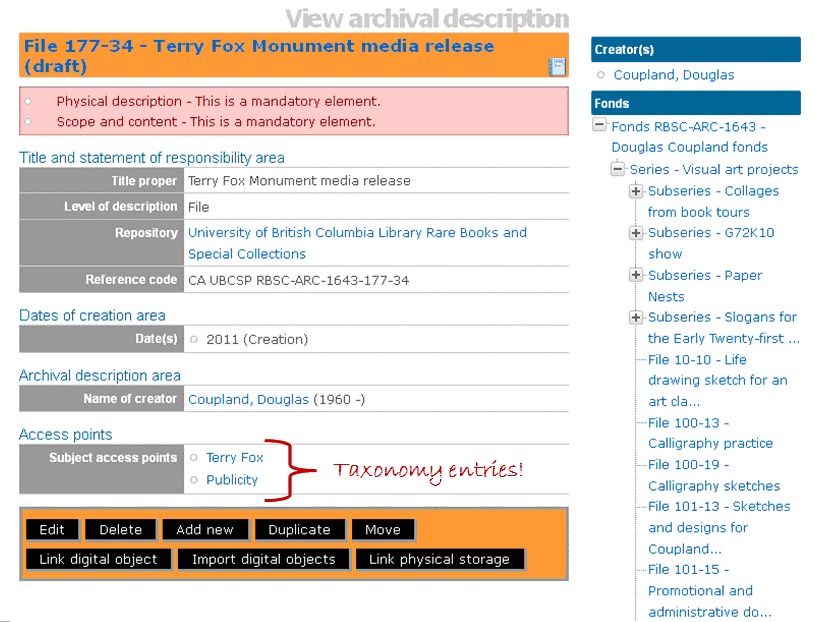 Screenshot showing taxonomies in Coupland fonds