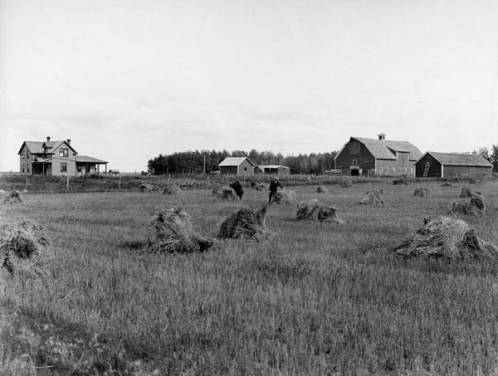 Black and white image of farm field and home
