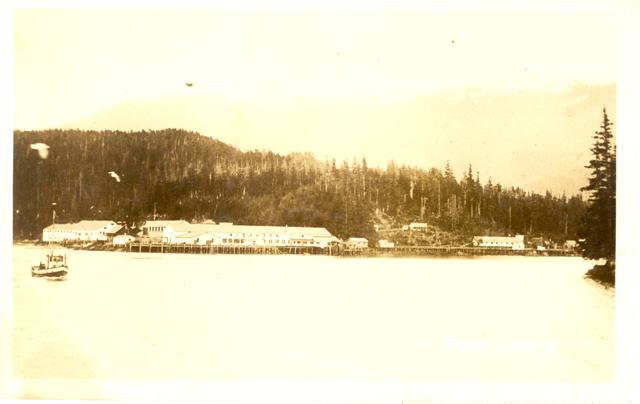 Historical photograph of cannery taken from water
