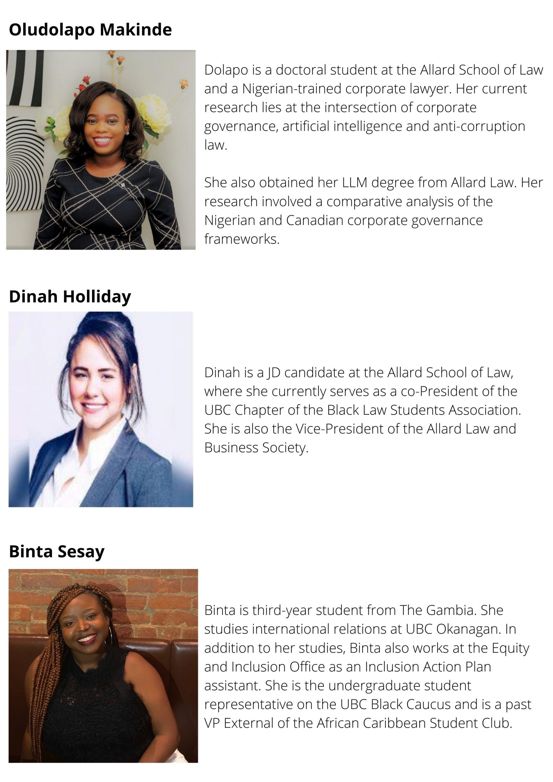 The description of the Re-imagining Agenda 2063 project team continues. The remaining team members described here are PhD student Oludolapo Makinde, JD student Dinah Holliday, and UBC Okanagan undergraduate student Binta Sesay.
