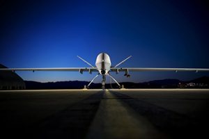 19 Jun 2008, Nevada, USA --- An MQ-9 Reaper sits on the flightline at Creech Air Force Base, Nev. June 19. The Reaper is capable of carrying both precision-guided bombs and air-to-ground missiles. Gen. John D.W. Corley, Air Combat Command commander, met with Army Gen. William S. Wallace, Army Training and Doctrine Command commanding general, June 30 to discuss a new concept of operations that would maximize the contributions unmanned aerial systems bring to the joint warfighter. (U.S. Air Force photo/Lance Cheung) --- Image by © DoD/Corbis