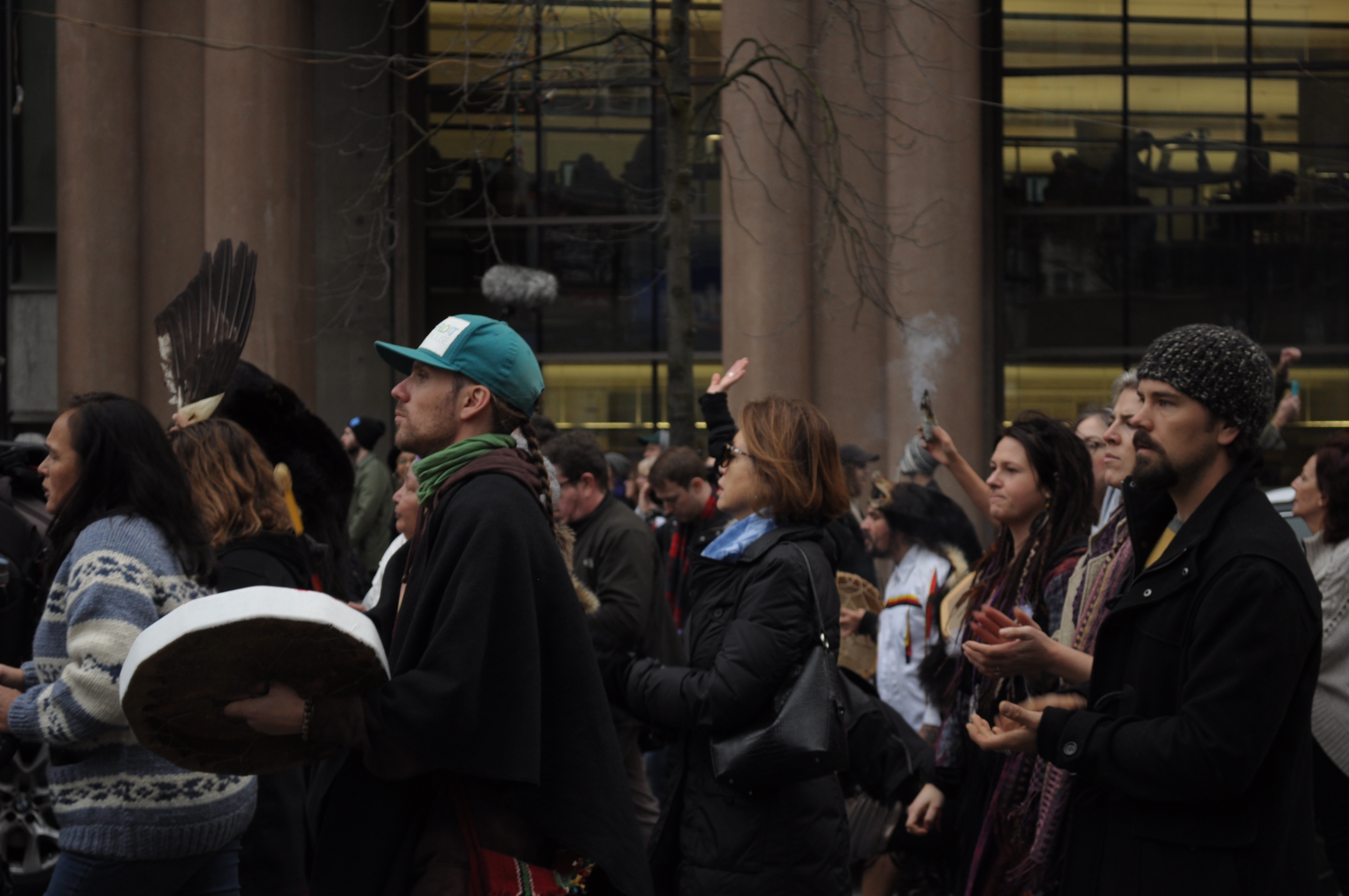In the background, sage stick smoke during the Stop Kinder Morgan March Sep. 19th 2016